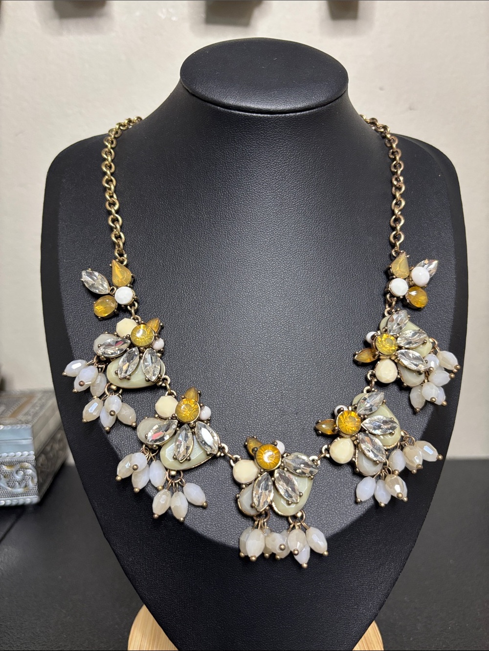 Yellow & White Crystal Gold Tone Statement Necklace